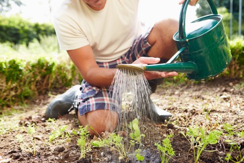 Gardener mowing a small front lawn in Coney Hall