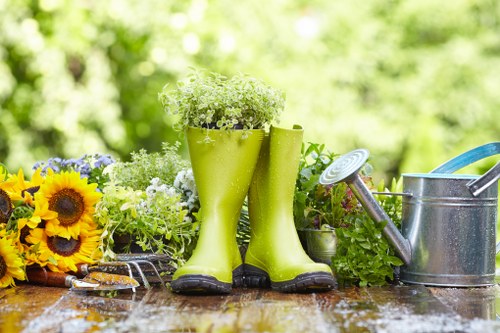 A pair of bright green rubber gardening boots, filled with delicate white and green flowering plants, are positioned on a weathered wooden table outdoors. To the left of the boots, there are vibrant yellow sunflowers with dark centers, along with other colorful garden flowers. On the right, a metal watering can with a blue handle and a small garden trowel are visible, suggesting recent gardening activity. The background features lush, green foliage with a blurred effect, indicating a well-maintained garden or backyard setting. The surface of the table shows moisture, hinting at recent watering or rain, complementing the outdoor environment. This scene reflects a peaceful, well-kept garden space typical of a residential garden in Coney Hall, south London, highlighting gardening tools and elements used in garden maintenance and lawn care, aligning with services offered by Lawn Mowing Coney Hall.